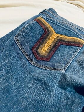 Oasis Blue Flare Jeans with Multicolor Chevron Pocket Trim